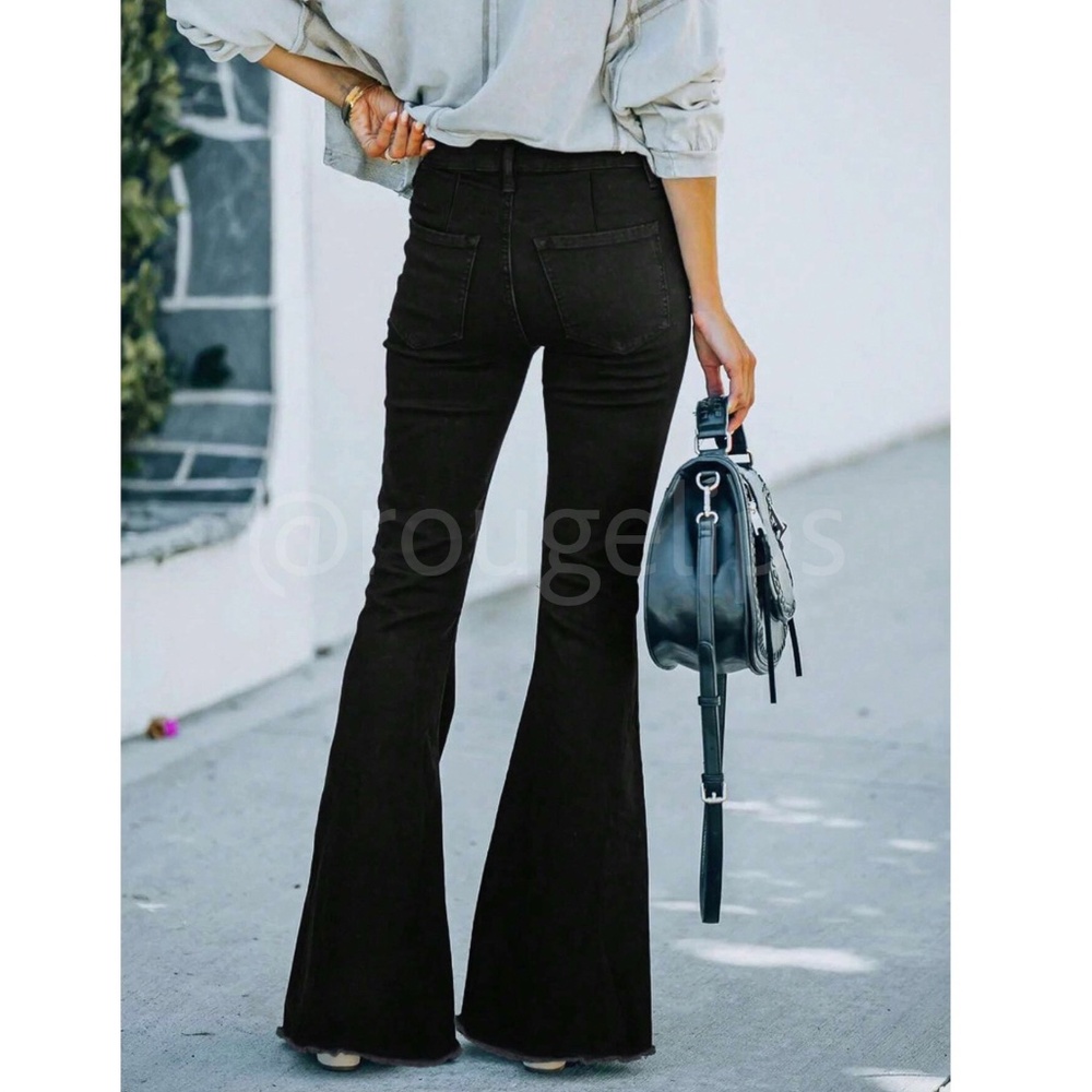 Black Flare Leg Distressed Jeans Zipper High Waist Stretchy - Picture 3 of 6